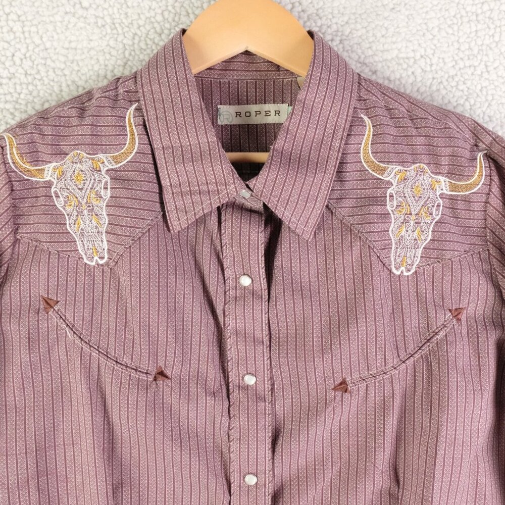 Roper Shirt Womens Extra Large Purple Striped Embroidered Skull Smile Pocket